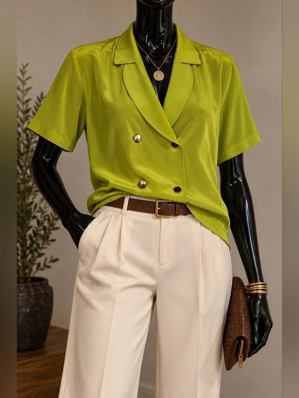 Lime Green %100Silk Vintage Boxy Blouse